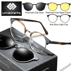 Retro Round Magnet Clip On Glasses Frame Women Optical Prescription Eyeglasses Frame Men Myopia Polarized 3 in 1 Sunglasses 2023