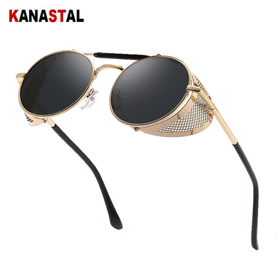 Retro Round Steampunk Sunglasses Men Women Side Shield Goggles Metal Frame Gothic Mirror Lens Sun Glasses