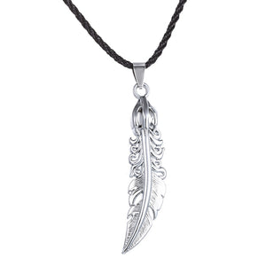 Retro Stainless Steel Feather Pendant Mens Jewelry 361L Flash Unisex Choker Silver Necklace Black Cord Leather Chain Adjustable
