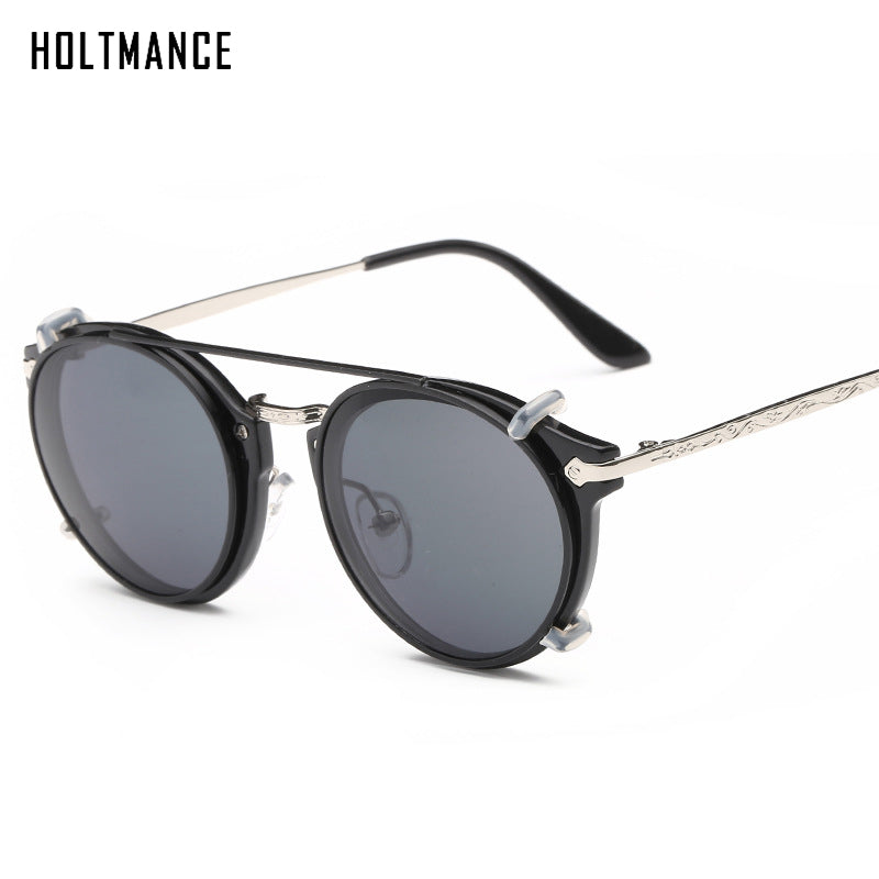 Retro Steampunk Round Clip On Sunglasses Men Women Double Layer Removable Lens Baroque Carved Legs Glasses UV400 With Box