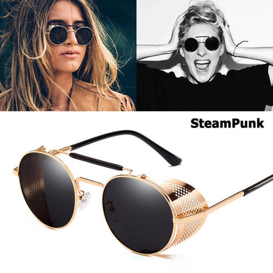 Retro Steampunk Round sunglasses women's side shield men's Sunglasses Gothic Metal frame mirror lens sunglasses oculos de  UV400