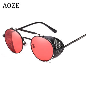 Retro Steampunk Round sunglasses women's side shield men's Sunglasses Gothic Metal frame mirror lens sunglasses oculos de  UV400