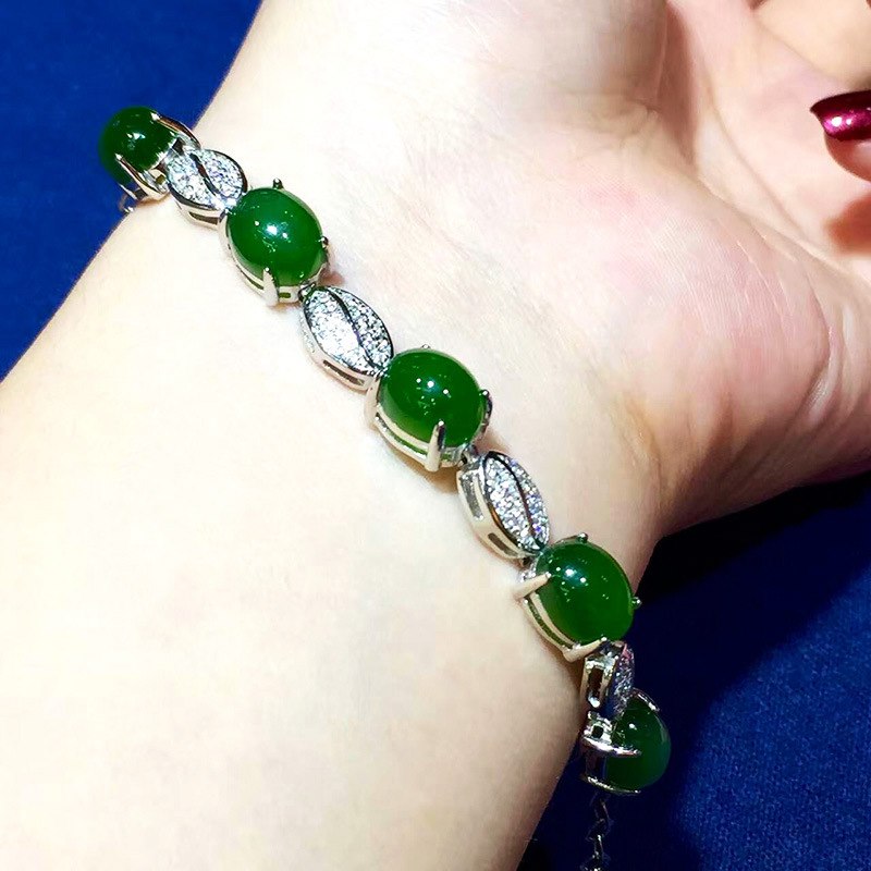 Retro Thai Silver Fashion S925 Sterling Silver Natural Hetian Jasper Nobel Women Bracelet Female