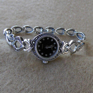 Retro Thai Silver Jewelry S925 Sterling Silver Watch Black Fashion Ladies Detachable Section Bracelet