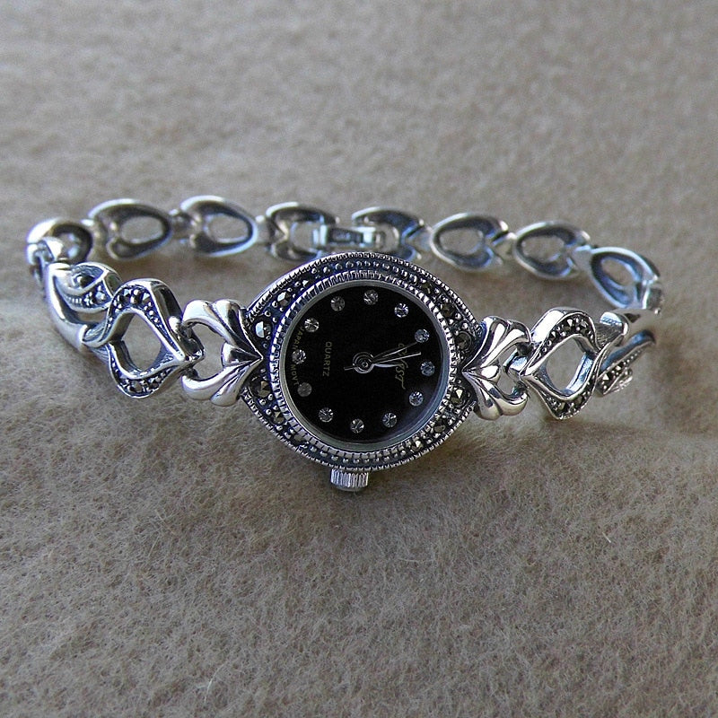 Retro Thai Silver Jewelry S925 Sterling Silver Watch Black Fashion Ladies Detachable Section Bracelet