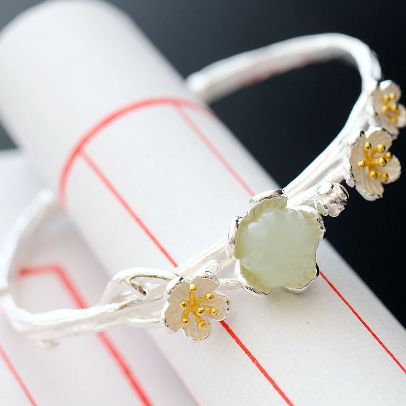 Retro Thai Silverware Wholesale S925 Sterling Silver Inlaid Natural Hetian Jade Open Ended Bangle Ms. Vintage Silver Bangle