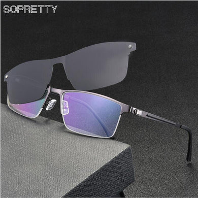 Retro Titanium Alloy Men's Magnetic Clips Polarized Sunglasses ,Male Business Myopia Glasses Frames, Metal Prescription Eyewear