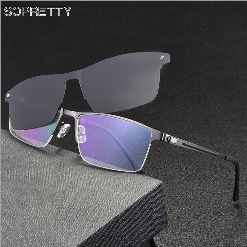 Retro Titanium Alloy Men's Magnetic Clips Polarized Sunglasses ,Male Business Myopia Glasses Frames, Metal Prescription Eyewear