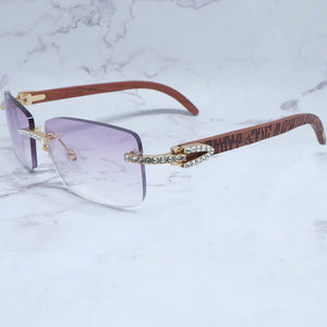 Rhinestone Square Sunglasses Luxury Wood Buffalo Horn 3mm Diamond Carter Sun Glasses Fashion Mens Rimless Sunglass Shade Eyewear