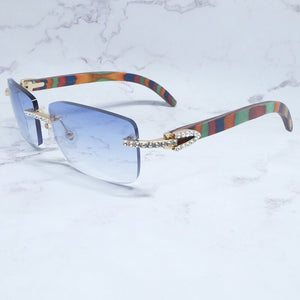 Rhinestone Square Sunglasses Luxury Wood Buffalo Horn 3mm Diamond Carter Sun Glasses Fashion Mens Rimless Sunglass Shade Eyewear