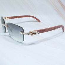 Load image into Gallery viewer, Rhinestones EyeGlasses Men Rimless Luxury Carter Craved Wood Sun Glasses Diamond Shades Iced Out Eyewear Wooden Sunglasses