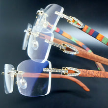 Load image into Gallery viewer, Rhinestones EyeGlasses Men Rimless Luxury Carter Craved Wood Sun Glasses Diamond Shades Iced Out Eyewear Wooden Sunglasses