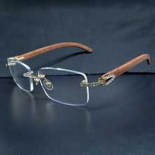 Load image into Gallery viewer, Rhinestones EyeGlasses Men Rimless Luxury Carter Craved Wood Sun Glasses Diamond Shades Iced Out Eyewear Wooden Sunglasses