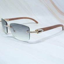 Load image into Gallery viewer, Rhinestones EyeGlasses Men Rimless Luxury Carter Craved Wood Sun Glasses Diamond Shades Iced Out Eyewear Wooden Sunglasses