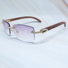 Load image into Gallery viewer, Rhinestones EyeGlasses Men Rimless Luxury Carter Craved Wood Sun Glasses Diamond Shades Iced Out Eyewear Wooden Sunglasses