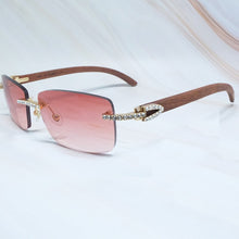 Load image into Gallery viewer, Rhinestones EyeGlasses Men Rimless Luxury Carter Craved Wood Sun Glasses Diamond Shades Iced Out Eyewear Wooden Sunglasses