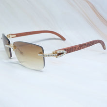 Load image into Gallery viewer, Rhinestones EyeGlasses Men Rimless Luxury Carter Craved Wood Sun Glasses Diamond Shades Iced Out Eyewear Wooden Sunglasses
