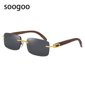 Rimless Rectangle Natural Wooden Sunglasses Men 2023 Original Wood Sun Glasses for Women Frameless Eyewear UV400