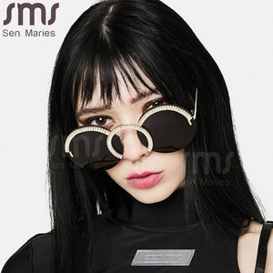 Rimless Round Sunglasses Women Punk Retro Small Sun Glasses Brand Designer Steampunk Eyeglasses Diamond Retro Eyewear