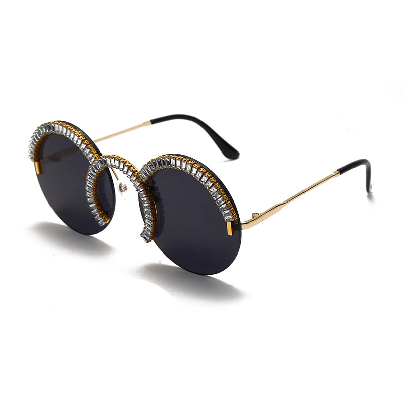 Rimless Round Sunglasses Women Punk Retro Small Sun Glasses Brand Designer Steampunk Eyeglasses Diamond Retro Eyewear