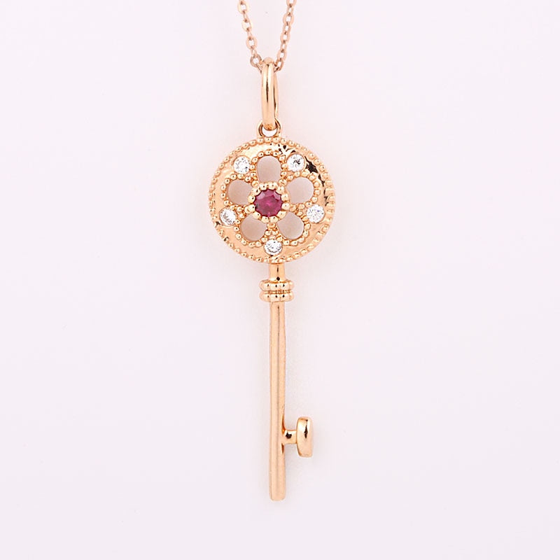 Fashion Heart Key Pendant Necklace 18K Rose Gold Love Forever Diamond Wedding Gift Natural Ruby Jewelry
