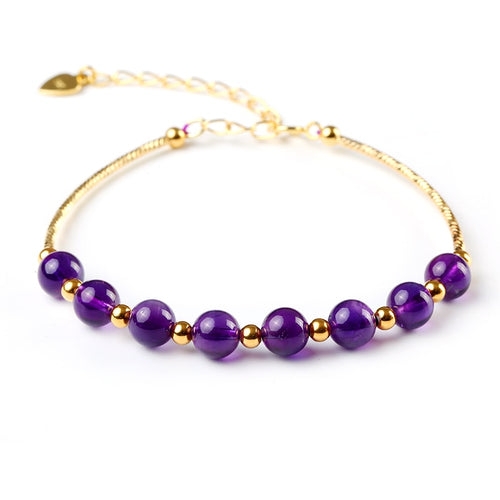 Romantic Amethyst Bracelets 925 Sterling Silver Jewelry Natural Purple Amethyst Bead Bracelet Charms Length 16-20 Cm Adjustable