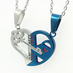 Romantic Couples Heart Key Crystal Pendant Her & His Love Necklace Set Lover Valentine Stainless Steel