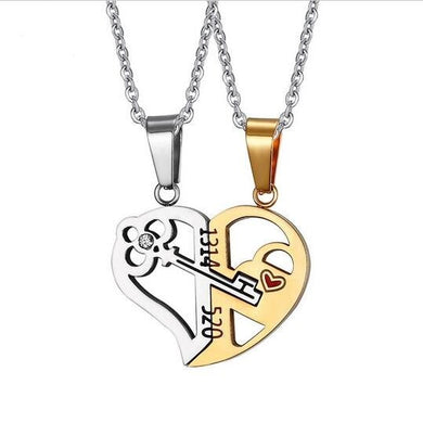 Romantic Couples Heart Key Crystal Pendant Her & His Love Necklace Set Lover Valentine Stainless Steel
