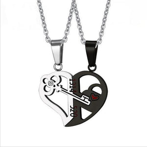 Romantic Couples Heart Key Crystal Pendant Her & His Love Necklace Set Lover Valentine Stainless Steel