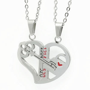Romantic Couples Heart Key Crystal Pendant Her & His Love Necklace Set Lover Valentine Stainless Steel