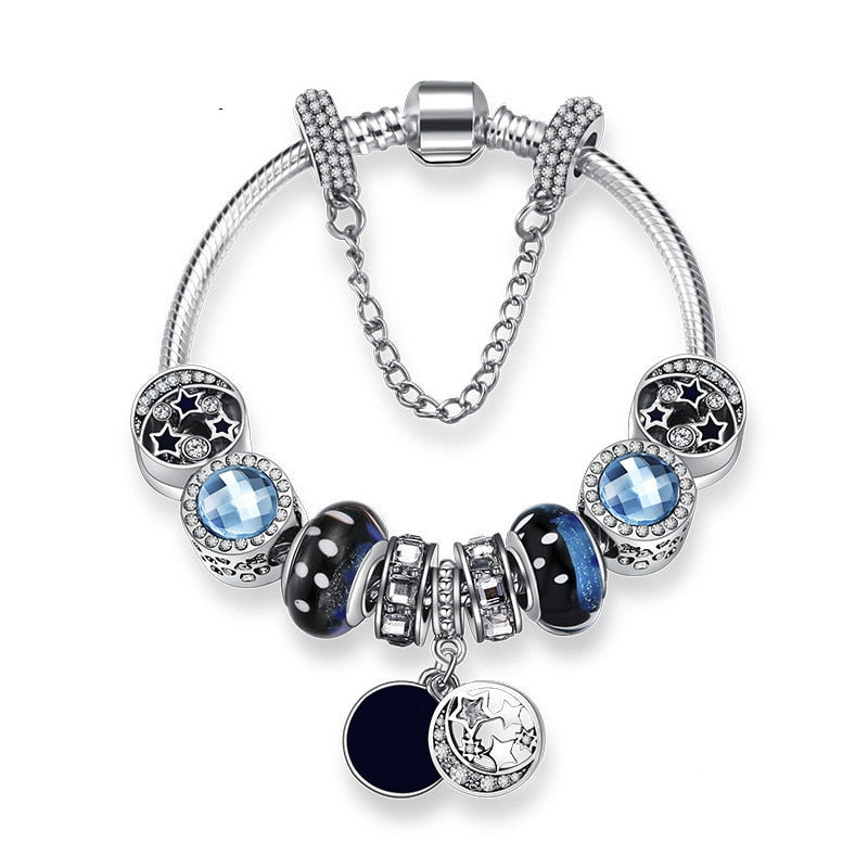 Romantic Jewelry Glass Bead Charm Bangle & Bracelet with Moon Star Pendants Women Men DIY Inspirational jewelry Dropshipping