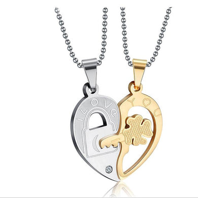 Romantic Stainless Steel Half Heart Pendants Necklaces for Couples Love You Key Lock Promise Necklaces Women Men Keepsake 2PCS