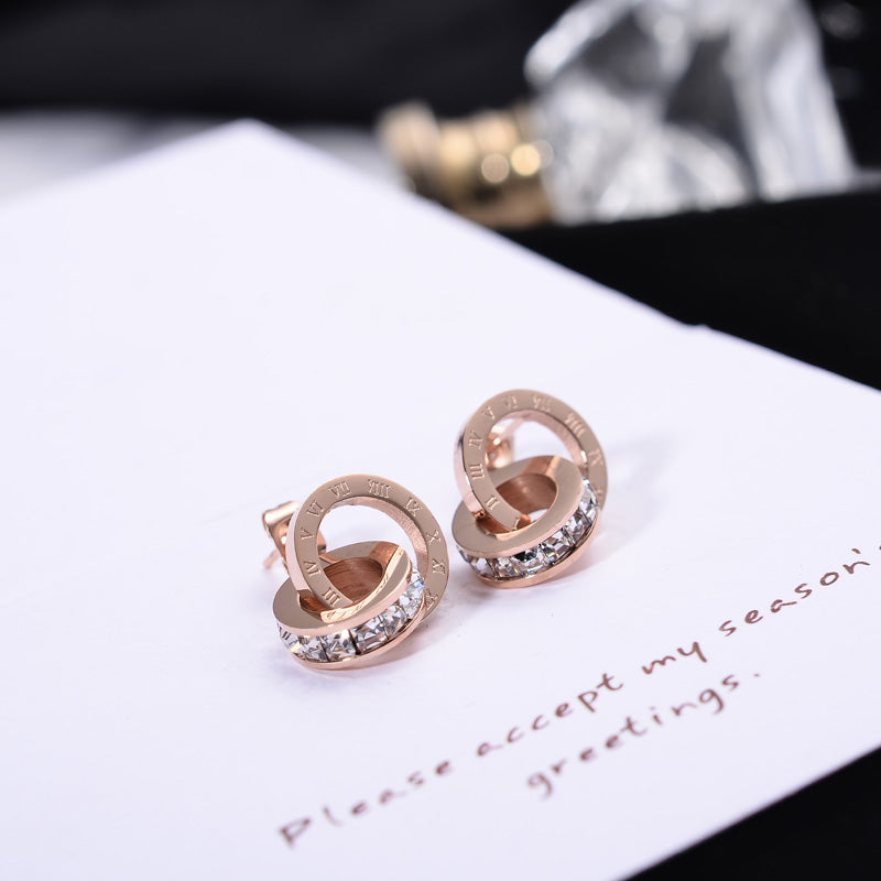 Rose Gold Roman Numerals Zircon Stud Earring for Women Titanium Steel Fashion Jewelry