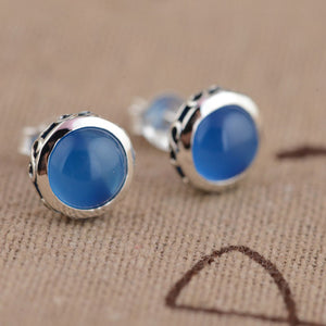 Round 925 Silver Stud Earring Blue Chalcedony boucle d'oreille S925 Sterling Silver Earrings for Women Jewelry