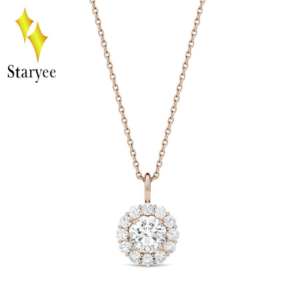 Round Moissanite Engagement Halo Necklace 0.6ct GH VS Lab Grown Diamond 18K Rose Gold Wedding Necklace Pendant Jewelry Gift