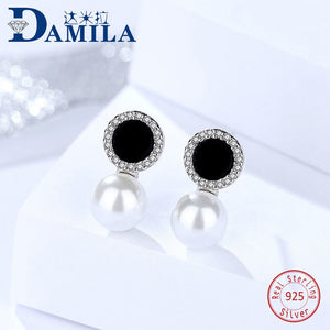 Round Pearl 925 sterling silver earings for women Silver S925 jewelry stud earrings cubic zirconia stone earing for female