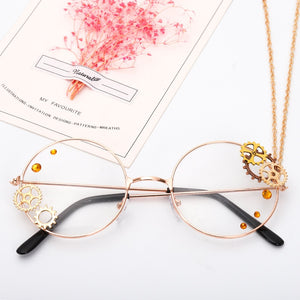 Round Steampunk Glasses Frame Women Lolita Gears Chain Decoration Style Ladies Retro Clear Lens Spectacle Frames Gold Eyewear
