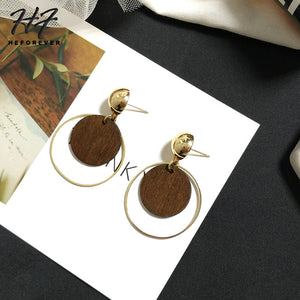 Round Wooden Earrings For Women Gold-Color Earings Fashion Jewelry Vintage Xmas Gift For Girl KA178