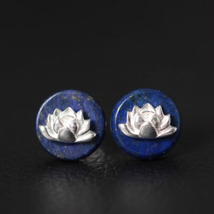 S925 Pure Silver Stud Earrings for Women Handmade Lapis Lazuli Lotus Round Earring Female Vintage Fine Jewelry