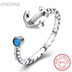 S925 Silver woman open Ring Restore Turquoise Anchor fashion and fine Hand Decorate