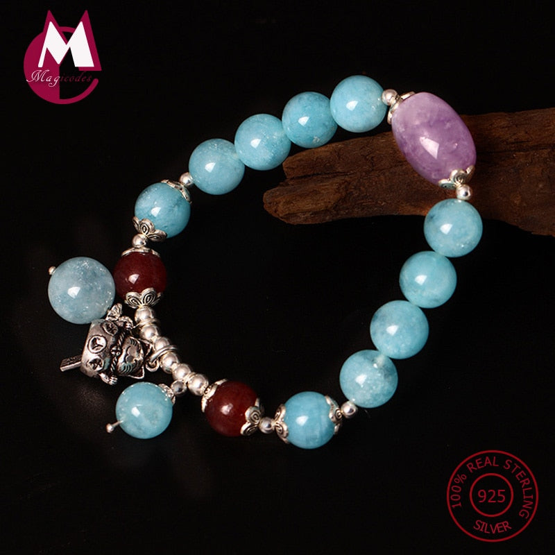 S925 Bracciale in argento sterling per le donne Gioiello naturale di pietra Perline fai da te Bracciali e braccialetti Elastico Lucky Cat Nappa Gioielli YB36 