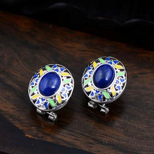 S925 Sterling Silver Earrings natural Lapis Thai silver inlaid imperial earrings