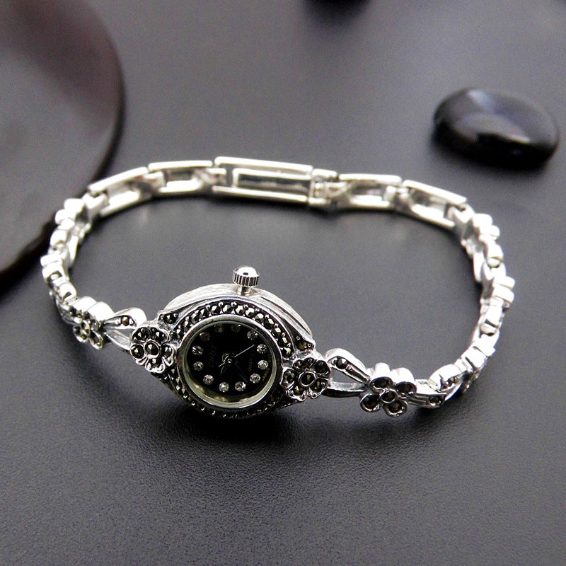 S925 Sterling Silver Retro Thai Silver Flower Quartz Watch Female Delicate Atmospheric Fashion Detachable Section Bracelet