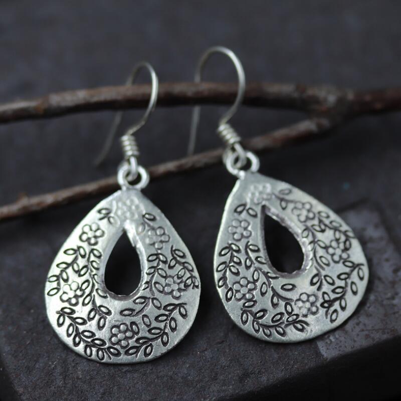 S925 Thai handmade silver earrings carved retro temperament earrings female jewelry