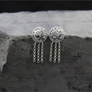 S925 sterling silver female stud earrings hollow round with long tassel ear spike silver earrings hypoallergenic accessories