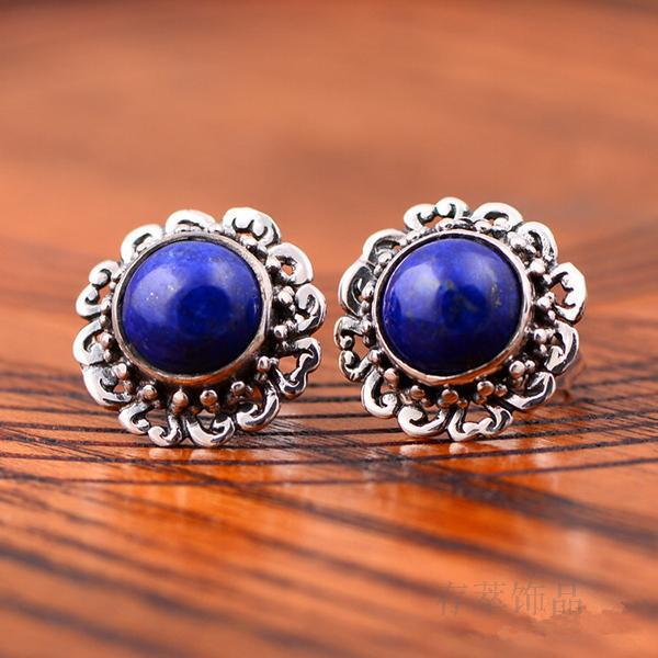 S925 sterling silver hand-inlaid natural lapis lazuli earrings retro flower personality fashion earrings wild female