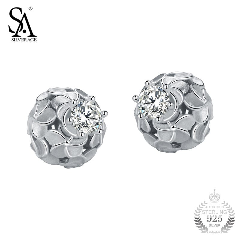 SA SILVERAG Silver Ball Earrings For Women Hollow Petal Flower Stud Earrings With CZ 925 Silver Jewelry Female 2018 Girl Gift