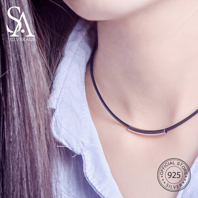 Collana girocollo in tubo di corda di pelle nera in argento sterling 925 Collana girocolli con ciondolo in argento 925 Collane per girocolli da donna 