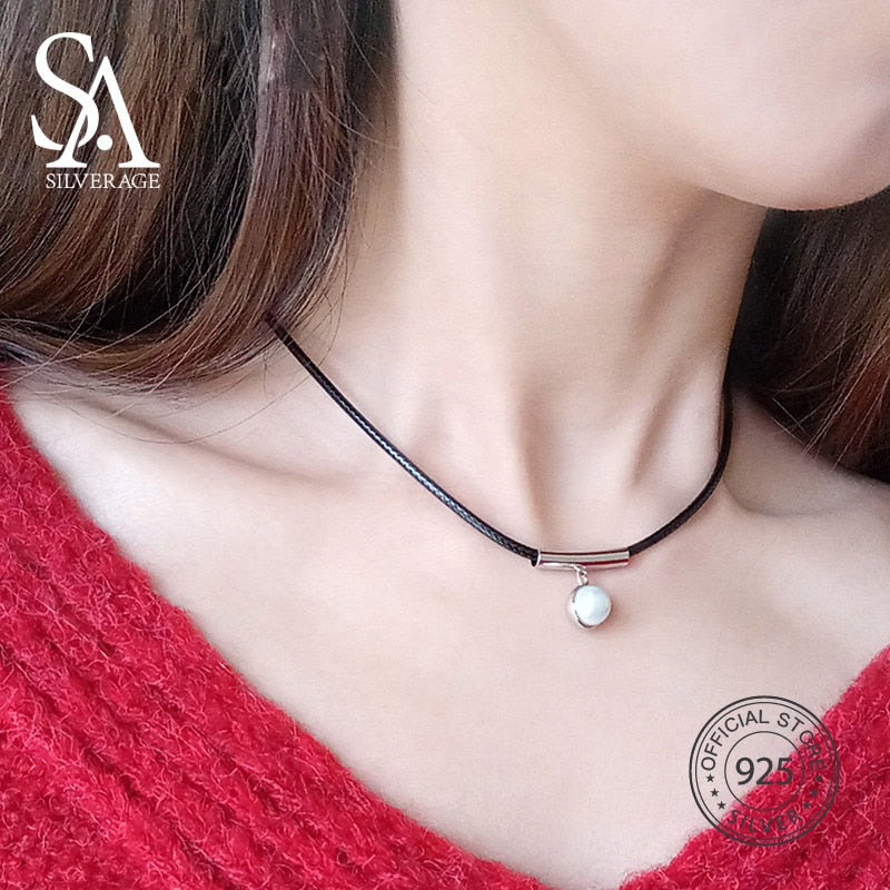 Collane girocollo in corda nera in argento sterling 925 per le donne Collana girocollo in argento 925 con perle alla moda 