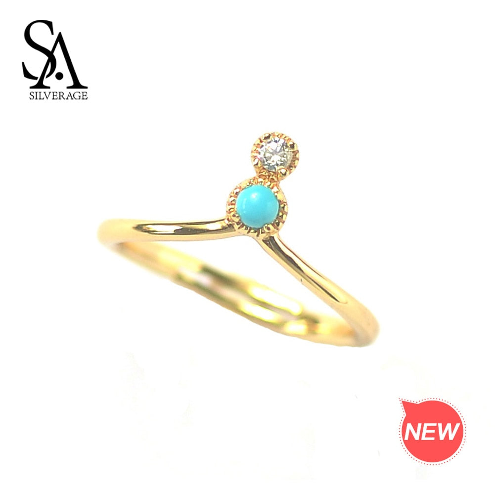 Authentic 925 Sterling Silver Natural Turquoise Crown Wedding Ring Zircon Adjustable 9K Yellow Gold Plated Ring